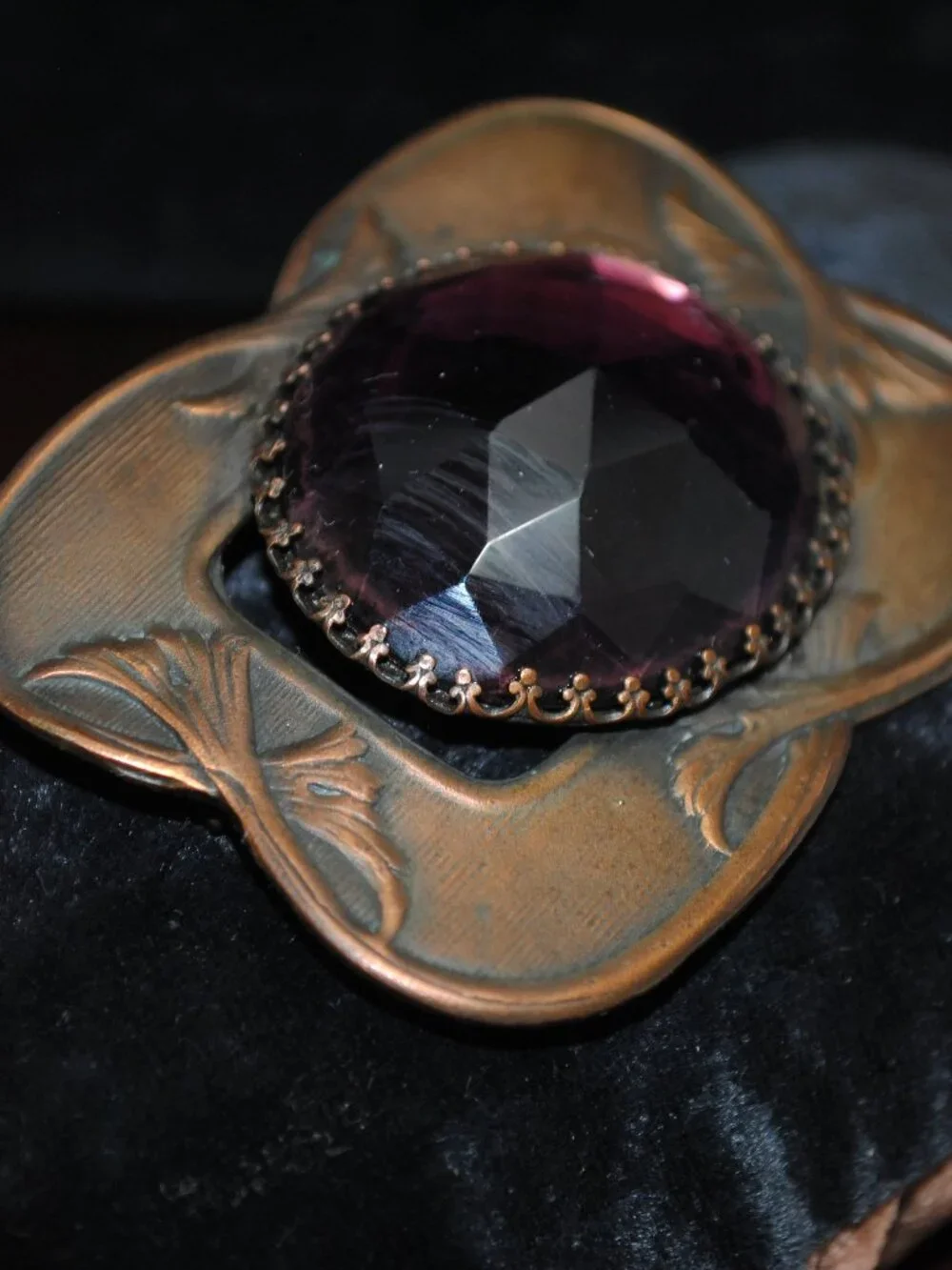 Antique Art Nouveau Sash Pin / Brooch with Foil Back Amethyst Glass